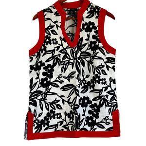Carole Little 100% Linen Black White Red Sleeveless V Neck Top Blouse Shell Sz M